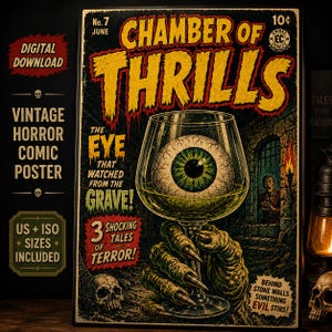 以下が含まれることがあります： 「Chamber of Thrills No. 7」と題されたヴィンテージホラーコミックのポスター。表紙には、大きな人間の目が入ったワイングラスを持つ緑色の怪物の手が描かれています。背景には、人物と頭蓋骨が描かれた暗い石造りの地下牢が表現されています。