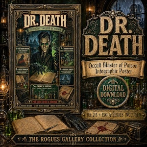 Puede incluir: Un póster digital titulado Dr. Death The Occult Master of Poison de la colección The Rogues Gallery. La obra presenta una ilustración oscura y detallada de una figura en un laboratorio con viales verdes brillantes, un libro abierto y cinco secciones.