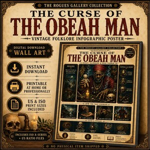 May include: A vintage infographic poster, "The Curse of the Obeah Man", from The Rogues Gallery Collection. The poster features illustrations and text. Includes text: "Digital Download Wall Art", "Instant Download", and "Printable at Home or Professionally". The poster is a digital download.