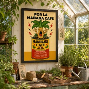 Art mural imprimable café Mandragore | affiche de café vintage | Décoration de cuisine de magicien | Impression botanique amusante | Téléchargement numérique rétro étrange