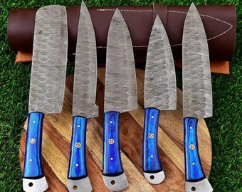 Personalized Damascus Chef Set of 5 Pieces, Custom Handmade Chef Set, Handmade Chef Set, Gift for Mom, Gift for Her, Knives With Sheath