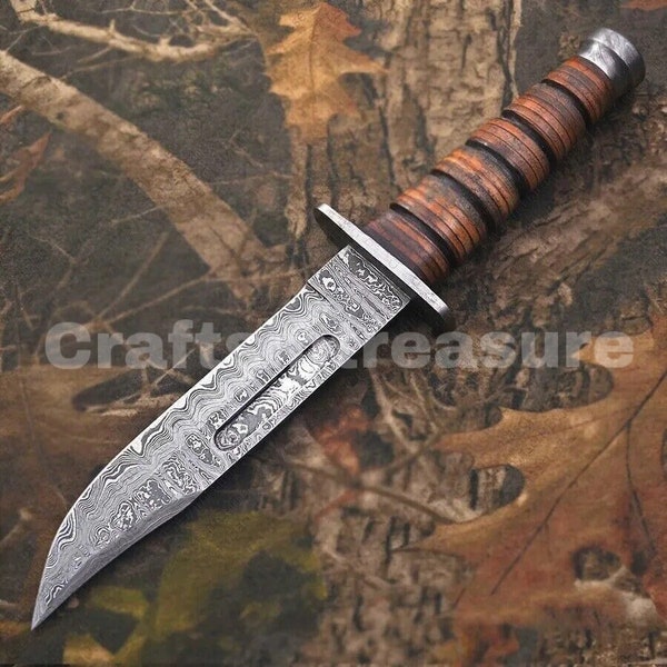 Handmade Damascus Kabar Bowie Knife with Leather Sheath  | Camp Knife | Survival Knife | Gift for Men/BF