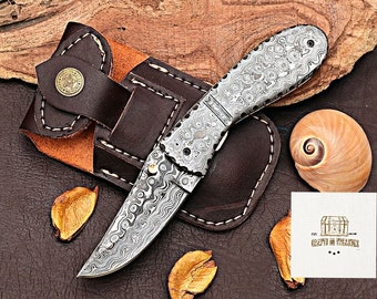 Silver Luxurious Rain Drop Pattern Style DAMASCUS FOLDING KNIFE| 7 Inch Hand forged Pocket Knife| Gift For Your Loved Ones