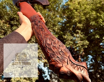 Custom Handmade Dragon Crafted Viking Axe | Custom Hand forged steel blade Viking axe | Rose Wood handle Leather rapping, Best Gift for him
