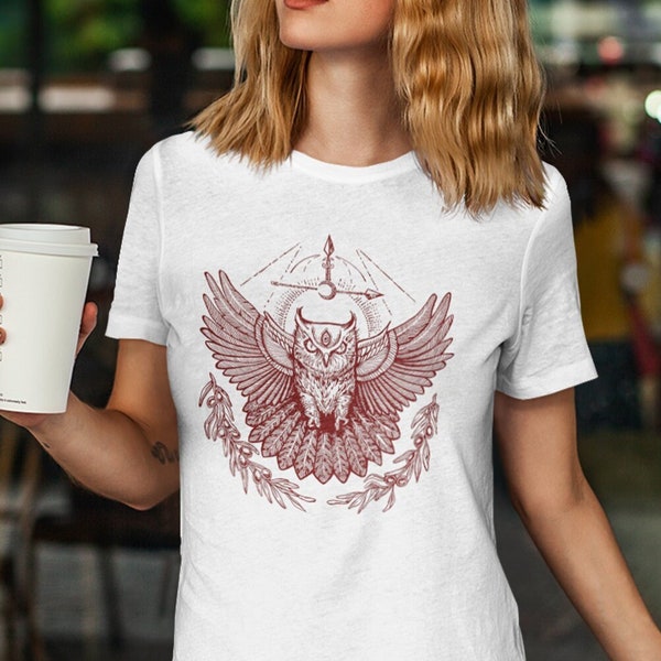 Owl of Minerva design screen printing unisex white T-shirt, Art design hand printed cotton tees