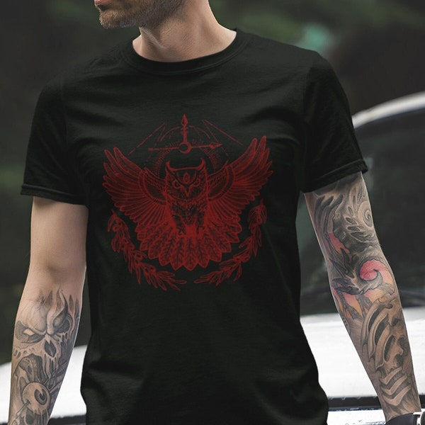 Owl of Minerva design screen printing unisex black T-shirt, Art design hand printed cotton tees