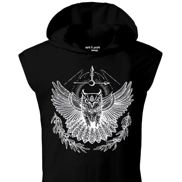 Minerva owl design screen printing unisex hooded sleeveless black T-shirt,  Art design hand printed cotton tees