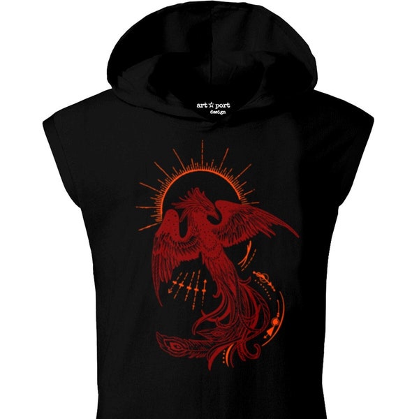 Phoenix design screen printing unisex hooded sleeveless black T-shirt,  Art design hand printed cotton tees