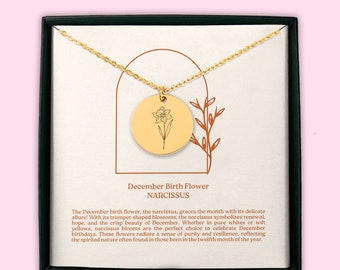 December Birth Flower Coin Necklace (Narcissus) | Custom December Birthday Gift | Custom Birth Flower Jewelry | Birth Month Flower Gift