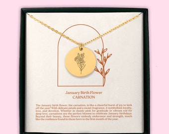 January Birth Flower Coin Necklace (Carnation) | Custom January Birthday Gift | Custom Birth Flower Jewelry | Birth Month Flower Gift