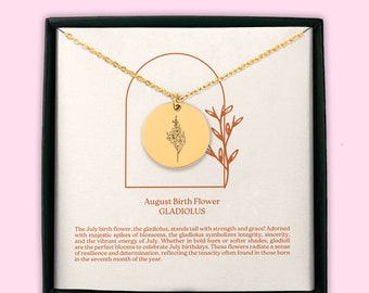 August Birth Flower Coin Necklace (Gladiolus) | Custom August Birthday Gift | Custom Birth Flower Jewelry | Birth Month Flower Gift