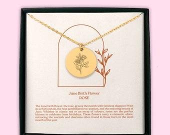 June Birth Flower Coin Necklace (Rose) | Custom June Birthday Gift | Custom Birth Flower Jewelry | Birth Month Flower Gift