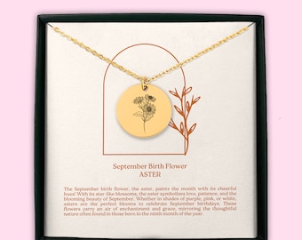 September Birth Flower Coin Necklace (Aster) | Custom September Birthday Gift | Custom Birth Flower Jewelry | Birth Month Flower Gift