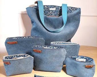 Jolies pochettes et sac en velours côtelé gris bleu doublés de tissu bleu à fleurs/Pochette maquillage/pharmacie, sac de cours, étui à carte