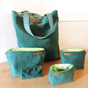 Pochettes et sac Tote Bag en velours côtelé vert doublés de tissu vert vintage image 1