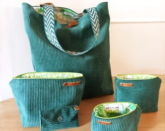 Pochettes et sac Tote Bag en velours côtelé vert doublés de tissu vert vintage