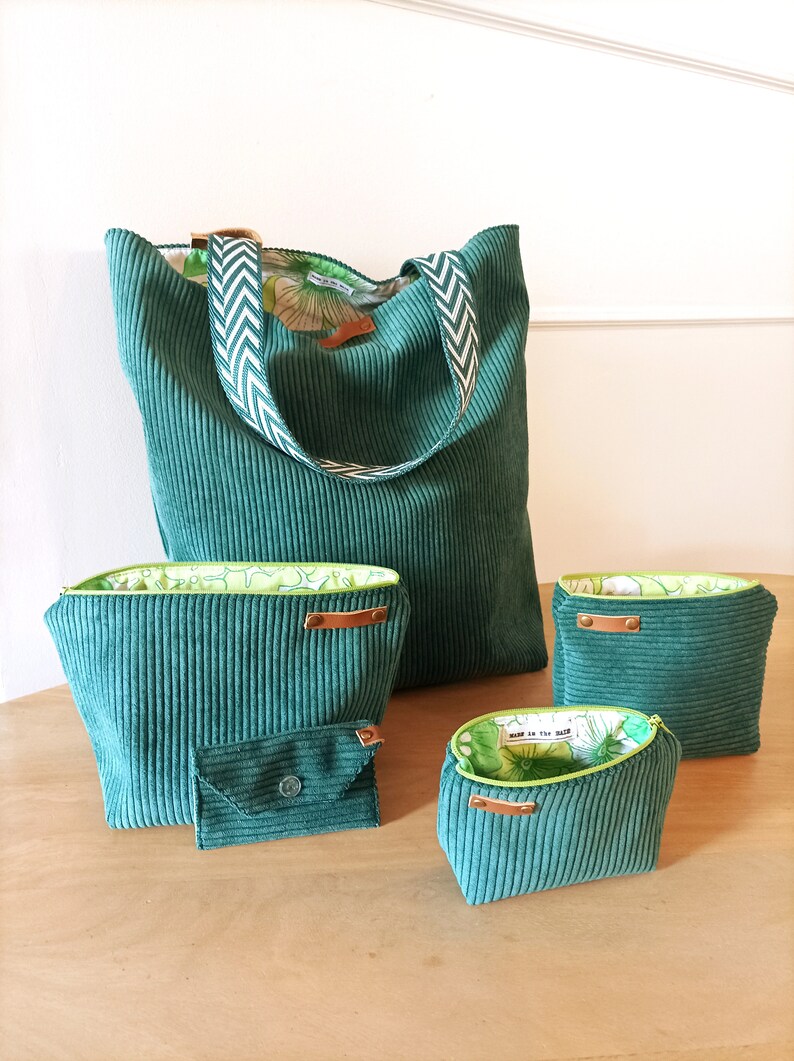 Pochettes et sac Tote Bag en velours côtelé vert doublés de tissu vert vintage image 1