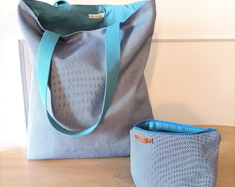 Ensemble de Tote bag et pochette assortie en tissu transat doublé de tissu bleu