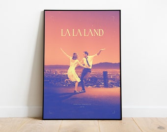 May include: A poster with a minimalist design featuring a couple dancing against a cityscape backdrop. The poster is in shades of pink, purple, and blue, with the title "LA LA LAND" in a yellow font.