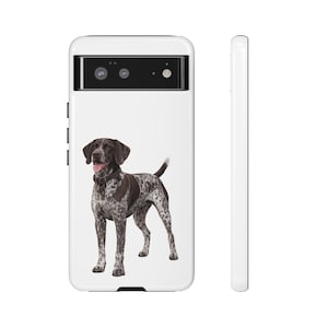 May include: White phone case featuring a German Shorthaired Pointer dog illustration. The dog is brown and white with a black collar. The phone case has a camera and flash cutout on the back and a white side profile.