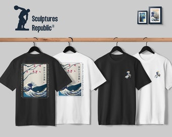 Camiseta de La Gran Ola de Kanagawa con estampado en la parte delantera y trasera, diseño de arte estético, diseño de arte japonés, estampado en la parte trasera, camiseta informal unisex.