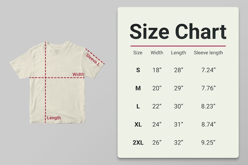 K&ouml;nnte beinhalten: Ein cremefarbenes T-Shirt mit gestrichelten Linien, die Breite, L&auml;nge und &Auml;rmell&auml;nge angeben. Eine Gr&ouml;&szlig;entabelle zeigt die Ma&szlig;e in Zoll f&uuml;r die Gr&ouml;&szlig;en S bis 2XL, einschlie&szlig;lich Breite, L&auml;nge und &Auml;rmell&auml;nge.