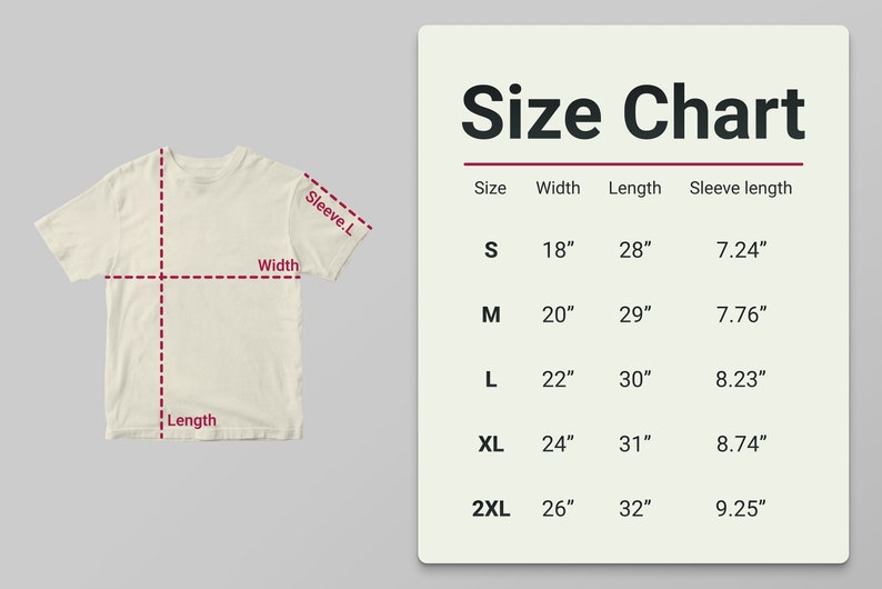 Puede incluir: Tabla de tallas para una camiseta con medidas en pulgadas para el ancho, la longitud y la longitud de la manga. Las tallas incluyen S, M, L, XL y 2XL.