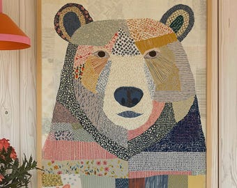 Patchwork Bear Art Print – Modern Folk Animal Wall Art Poster for Woodland Nursery or Cozy Cabin Decor