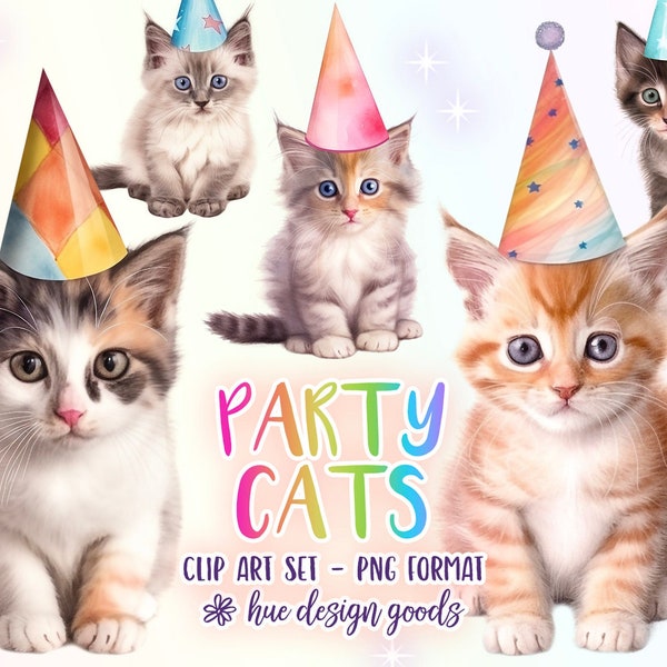 cats wearing party hats clip art images | cute birthday party kittens sublimation clipart | watercolor kitty cats party hats transparent png