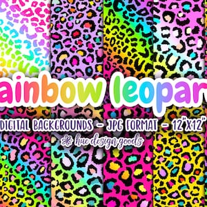 digitale Hintergründe mit Regenbogen-Leopardenmuster | heller und farbenfroher Neon-Gepard-Druck, Jpg-Hintergrund, digitales Papier | kommerzielle Nutzung gestattet