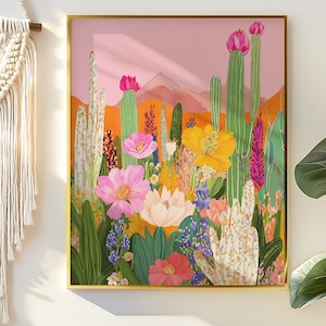 Desert Bloom Art Print | Colorful Botanical Illustration | Maximalist Desert Wall Art | Pink and Yellow Desert Flowers | Western Landscape
