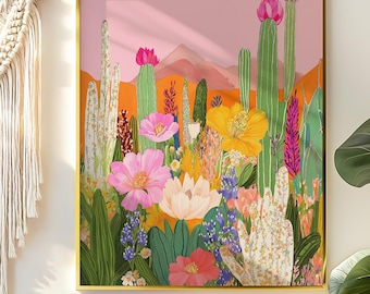 Desert Bloom Art Print | Colorful Botanical Illustration | Maximalist Desert Wall Art | Pink and Yellow Desert Flowers | Western Landscape