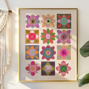 Arte de pared con flores geométricas bohemias, ilustración botánica abstracta, póster con ilustraciones de patchwork colorido