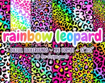 regenboogluipaardpatroon digitale achtergronden | helder en kleurrijk neon cheetah print jpg digitaal achtergrondpapier | commercieel gebruik toegestaan
