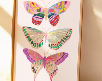 Butterfly Trio Art Print – Colorful Nature Wall Decor for Nursery, Bedroom, or Office