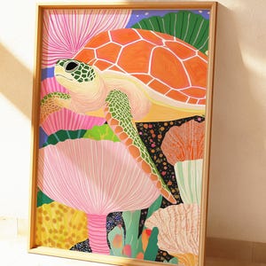 Playful Sea Turtle Wall Art | Colorful Coral Reef Art Print | Dreamy Ocean Vibes Poster | Surreal Marine Animals Scene Illustration