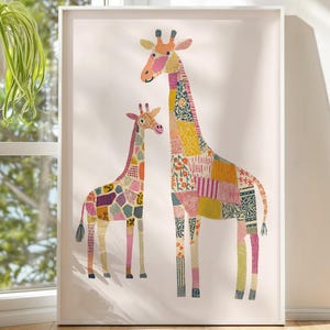 May include: A framed art print featuring two giraffes with patchwork-style patterns. The larger giraffe is taller than the smaller one. The giraffes have a variety of colors, including pink, yellow, and purple. The artwork is displayed on a white background.