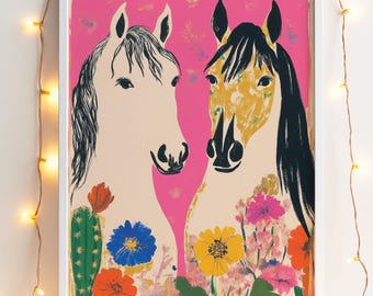 Horses & Flowers Print – Boho Animal Wall Art, Bright Horse Artwork for Living Room or Kids