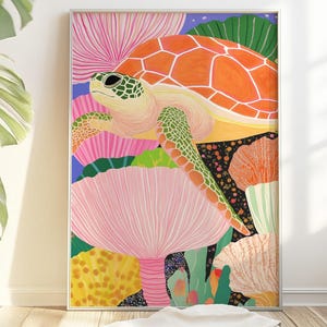 Meeresschildkröte Kunstdruck | Buntes Korallenriff Wandkunst | Süßes Küsten Wohnzimmer Dekor | Maximalist Meer Leben Poster | Ozean-Illustration