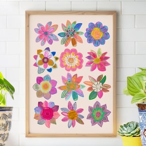 Boho Flower Pattern Wall Art | Colorful Botanical Art Print | Maximalist Floral Poster | Dopamine Decor Print | Cottagecore Instant Download