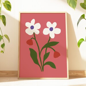 Bold Flower Art Print – Minimalist Botanical Wall Decor, Dusty Rose Color Scandinavian Folk Style Poster, Cottagecore Floral Illustration
