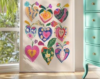 Colorful Abstract Heart Print | Printable Wall Art for Girls Room | Eclectic Folk Hearts Poster