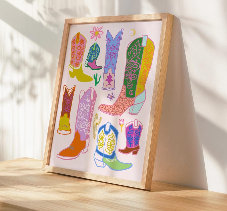 May include: A pink background with a collection of colorful cowboy boots with floral and geometric patterns. The boots are in various styles and colors, including pink, blue, yellow, green, and orange.