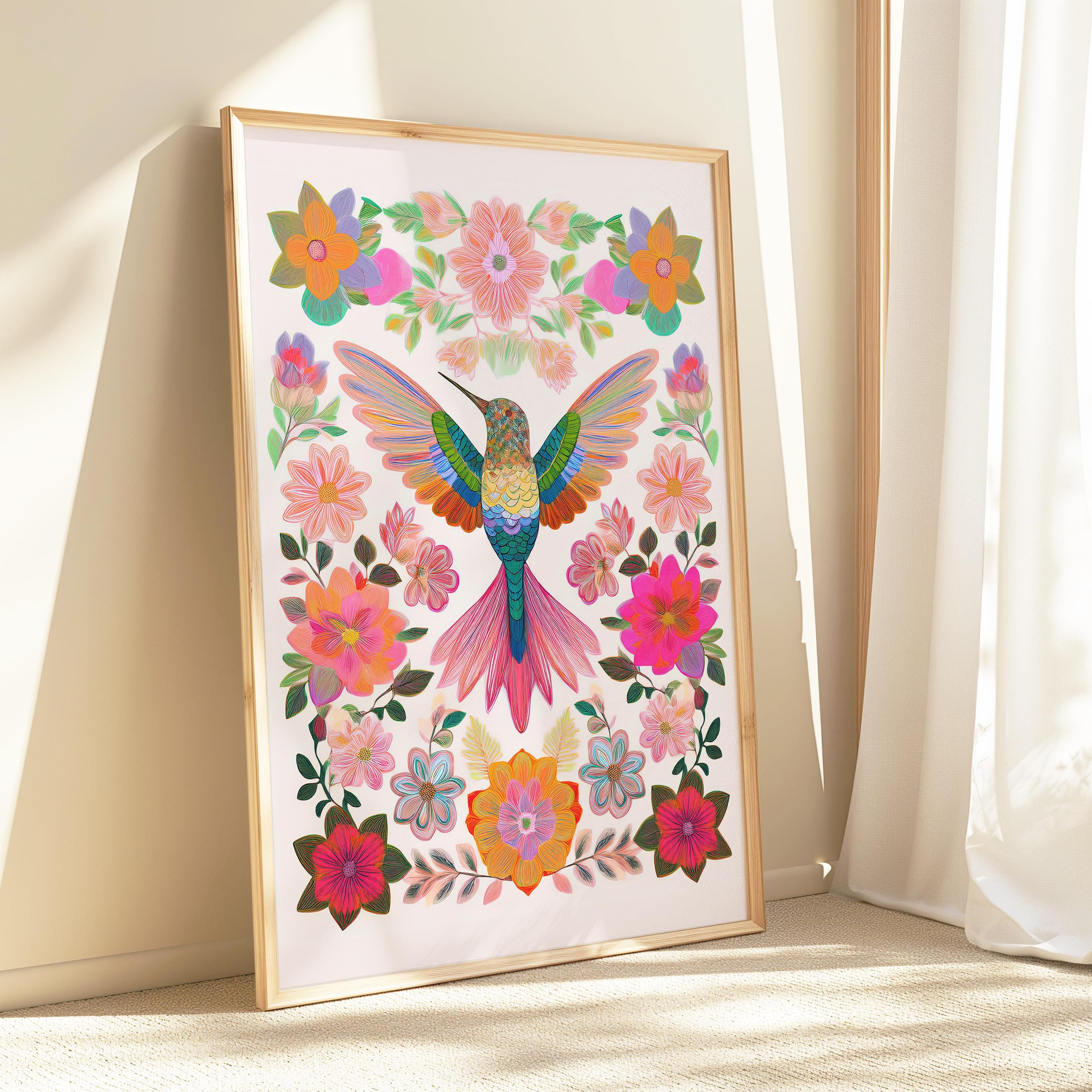 Colorful Hummingbird Wall Art Print – Vibrant Boho Floral Bird Poster ...