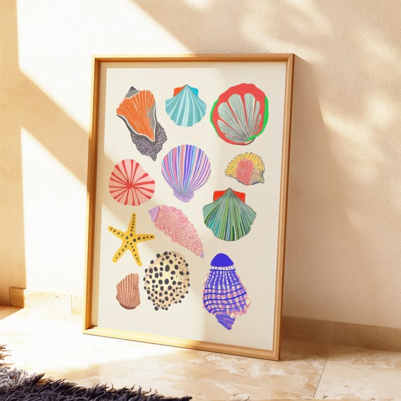 Colorful Seashell Wall Art Print | Modern Coastal Decor | Beach House Wall Poster