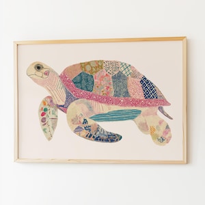 Boho Turtle Art Print with Whimsical Patchwork Pattern Details | Floral Turtle in Soft Colors for Cottagecore Decor
