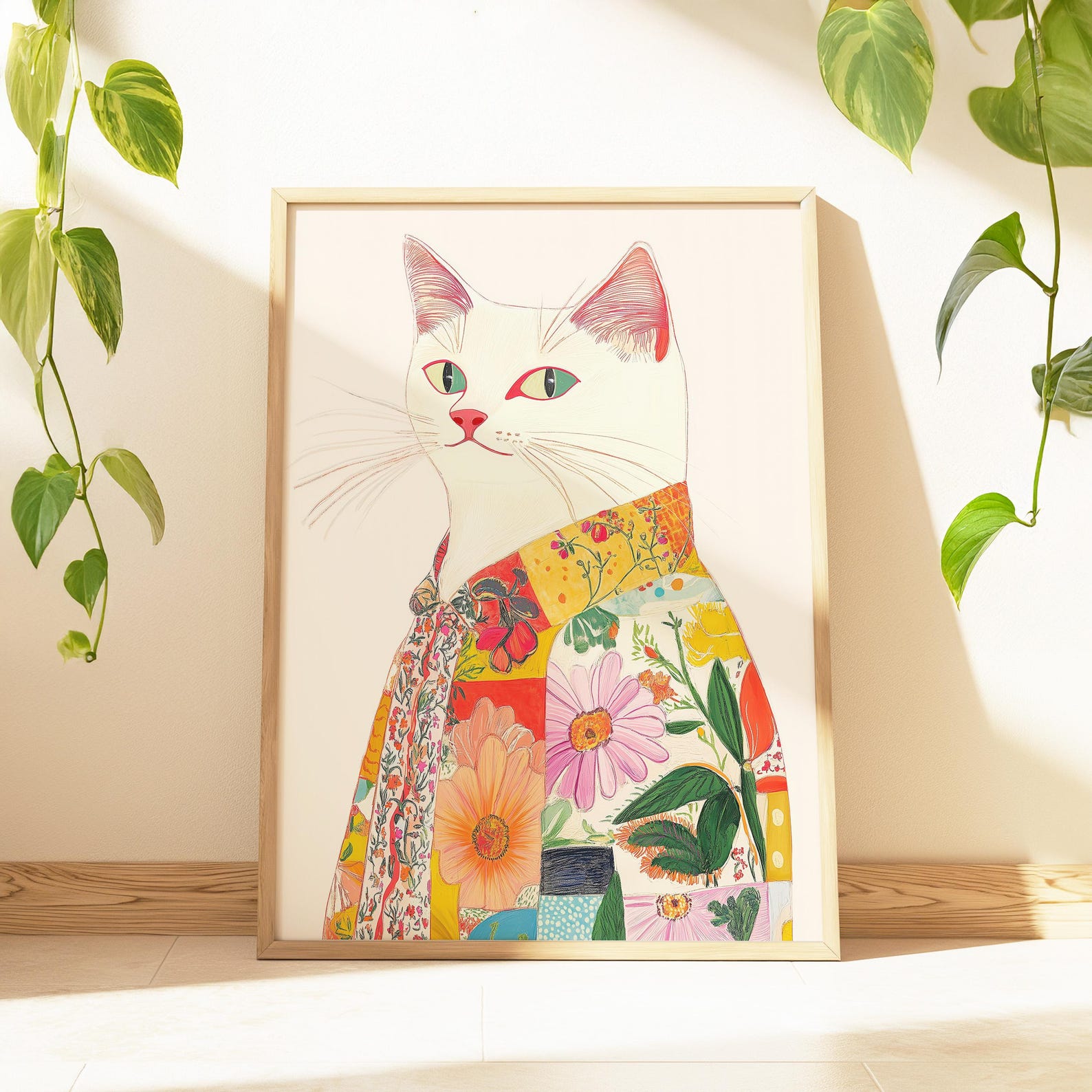 Photo inspiration: Cat Wall Units With Rustic Maximalist Style Reference: Quirky Cat Wearing A Floral Shirt Art Print