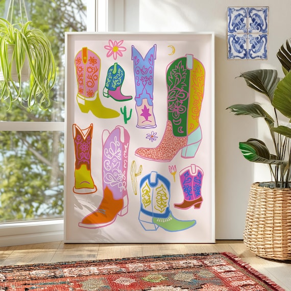 Maximalist Cowboy Boots Art Print Digital Download | Dopamine Decor Cowgirl Booties Poster | Retro Western Apartment Decor