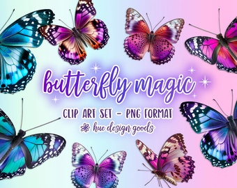magical butterfly sublimation clipart images | pink blue and purple realistic butterflies clip art png with transparent background