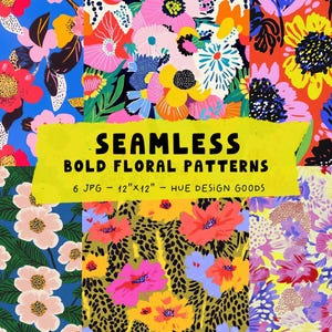 Pode incluir: Seis padrões florais sem costura em cores vibrantes. Os padrões apresentam uma variedade de flores, incluindo rosas, margaridas e girassóis. Os padrões são perfeitos para usar em uma variedade de projetos, como tecidos, papel de parede e papel de embrulho.